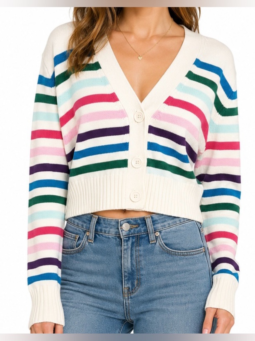 Requirements Rainbow Stripe Cropped Cardigan Sweater Cream XS